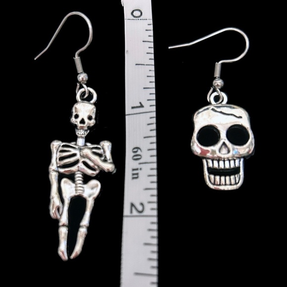 Goth themed Hand Crafted Earrings Skeleton & Skull Pendant Stainless Steel Wires - Picture 3 of 9